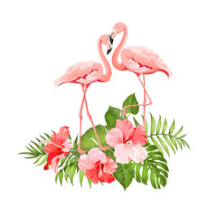 The tropical background. Summer illustration with bouquet of green palm leaves and red hibiscus flowers. Illustration with colorful flamingo on white background. Vector illustration. © Kotkoa