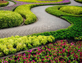 Luxury landscape design of the tropical garden. Beautiful view of tropical landscape