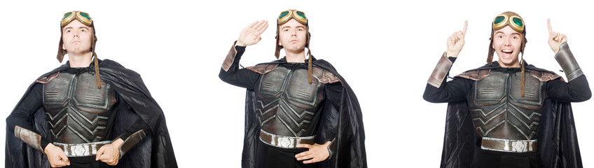 Young funny man in armour suit 