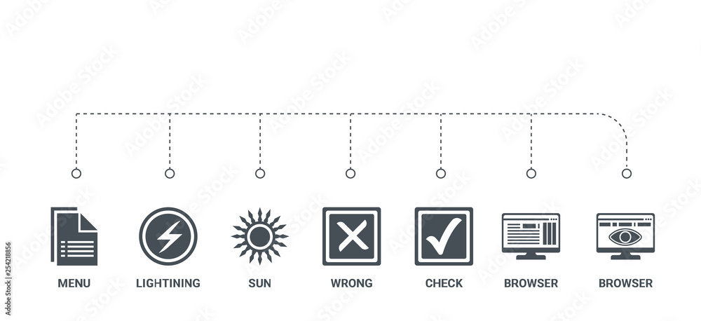 Poster simple set of 7 icons such as browser, browser, check, wrong, sun, lightining, menu from ui concept 