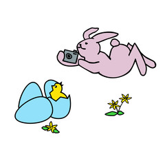 color easter photographer rabbit. Coloring book page for adults and kids. Easter themed vector illustration for gift card, flyer, certificate or banner, icon, logo, sticker