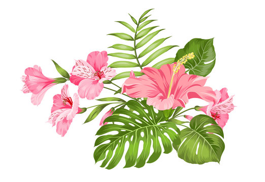 Tropical flower garland for your card design. Label with plumeria flowers. Invitation card template with color flowers of alstroemeria. Vector illustration.