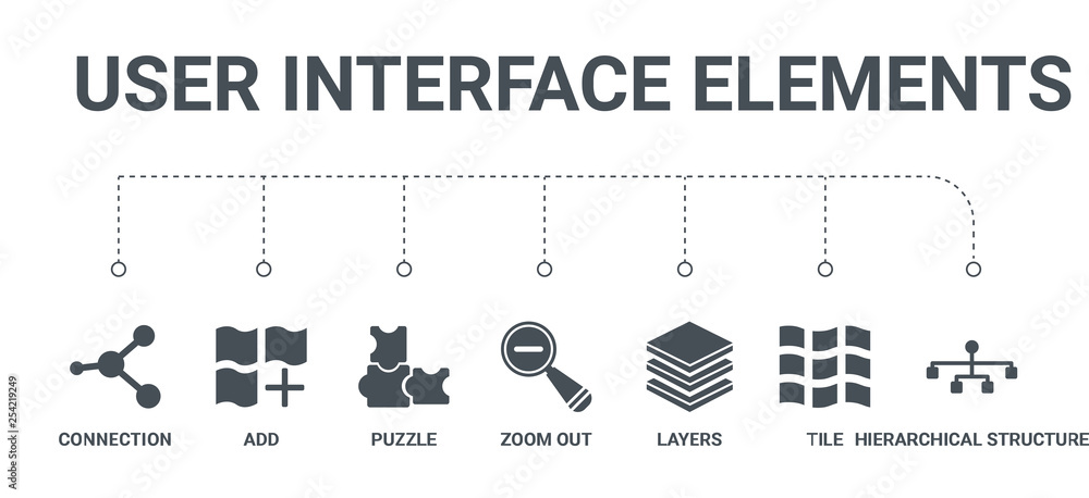Poster simple set of 7 icons such as hierarchical structure, tile, layers, zoom out, puzzle, add, connectio