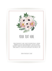 Vector floral design card. Greeting, postcard wedding invite template. Elegant frame with rose and anemone