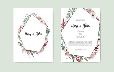 Botanical wedding invitation card template design, white and pink flowers on white background.