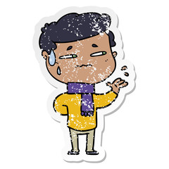distressed sticker of a cartoon anxious man