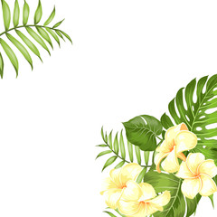 Fototapeta na wymiar Tropical flower bouquet for your summer vacation card. Vector illustration. Blossom flowers for invitation card over white background. Vector illustration.