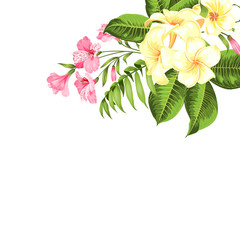 Single tropical flower bouquet at the top corner of image over white background. Blossom flowers for invitation card. Vector illustration.