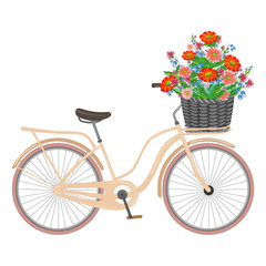 Fototapeta na wymiar Bicycle with a basket full of daisies flowers. Hand drawn floral illustration isolated on white background