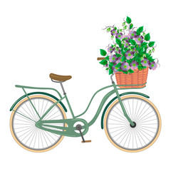 Naklejka na ściany i meble Bicycle with a basket full of violets flowers. Hand drawn floral illustration isolated on white background