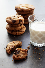 Fresh homemade chocolate chip cookies with a glass of milk