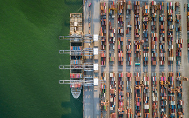 aerial view of cargo container ship port