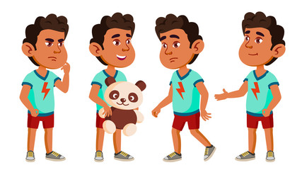 Arab, Muslim Boy Kindergarten Kid Poses Set Vector. Active, Joy Preschooler Playing. For Presentation, Print, Invitation Design. Isolated Cartoon Illustration