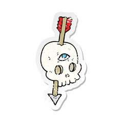 retro distressed sticker of a cartoon magic skull with arrow through brain