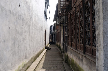 Traditional houses along the Grand Canal, ancient town of Yuehe in Jiaxing, Zhejiang Province, China