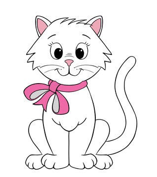 white cat with a pink bow. isolated on white background. cartoon illustration