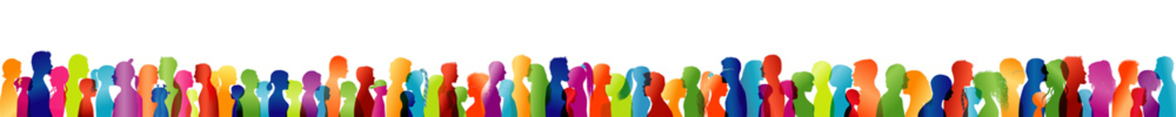 Large group or team of people silhouette colored profile. Friendship concept. Community. People talking. Face. Head. Multiple exposure