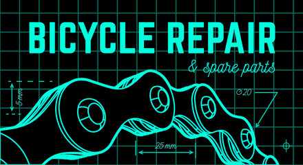 Bicycle repair on blueprint background with bicycle chain. Vector