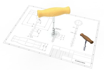 3d illustration of corkscrew above engineering drawing