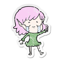 distressed sticker of a cartoon crying elf girl