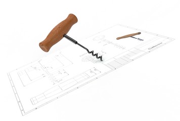 3d illustration of corkscrew above engineering drawing