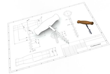 3d illustration of corkscrew above engineering drawing