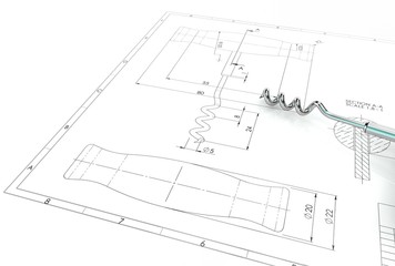 3d illustration of corkscrew above engineering drawing