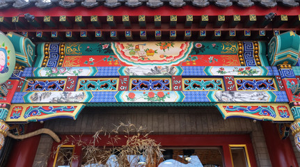 An ornate painted ceiling on a building in the Forbidden City in Beijing, China
