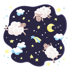 Cartoon cute lambs, clouds, stars and moon.
