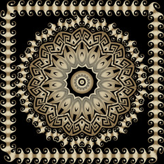 Greek ornamental vector round mandala pattern. Floral ornate background. Geometric greek key meanders ancient ornament with square frame. Wave lines, borders. Modern decorative gold mandala design