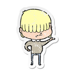 distressed sticker of a cartoon boy with untidy hair