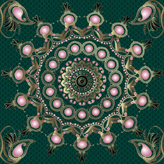 Vintage Paisley seamless mandala pattern. Lace ornamental green background. Floral arabesque style oriental ornament with gold pink paisley flowers, leaves. Round ethnic mandala. Repeat lacy backdrop.