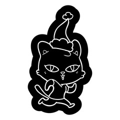 cartoon icon of a cat out for a run wearing santa hat