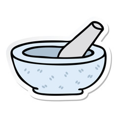 sticker of a quirky hand drawn cartoon pestle and mortar