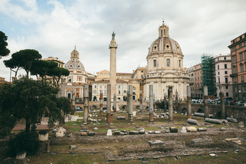 Panoramic view of Trajan's Forum and Column in Rome, far away the Church