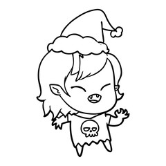 line drawing of a laughing vampire girl wearing santa hat