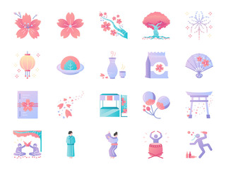 Cherry blossom festival icon set. Included icons as Sakura, blooming, fair, flower, japan and more.
