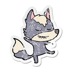 distressed sticker of a friendly cartoon wolf balancing