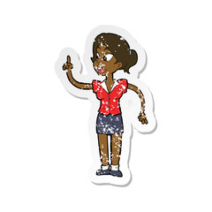 retro distressed sticker of a cartoon woman with great idea