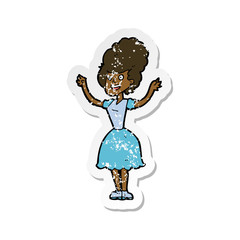 retro distressed sticker of a cartoon happy 1950s woman