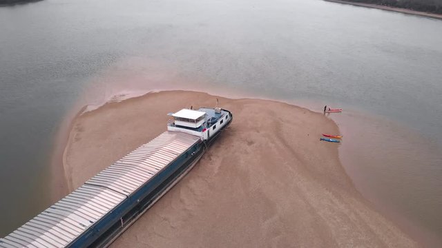 Aerial View Barge Stranded on Sandbank, Danube River.