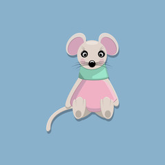 vector illustration of a cute toy animal mouse with a green scarf and in a pink dress sitting on a blue background with shadow