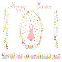 Set of Easter wreath with a cartoon rabbit ,horizontal border of tulips and eggs, two vertical ornaments. Isolated vector illustration.