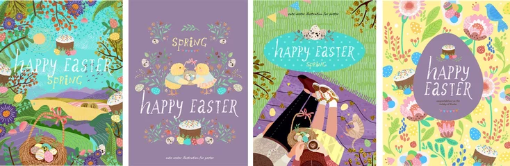Foto auf Acrylglas Frohe Ostern! Satz süße Vektorgrafiken für ein Poster, eine Karte, eine Einladung oder ein Banner. Herzlichen Glückwunsch zum Feiertag. © Ardea-studio