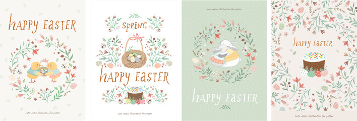 Happy easter! Set of cute vector illustrations for a poster, card, invitation or banner. Congratulations on the holiday.