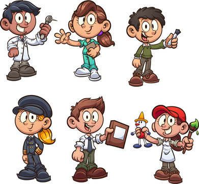 Cartoon kids with different occupations clip art. Vector illustration with simple gradients. Each on a separate layer.