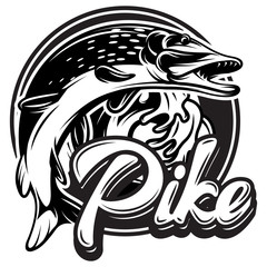 Monochrome vector illustration with pike and calligraphy lettering