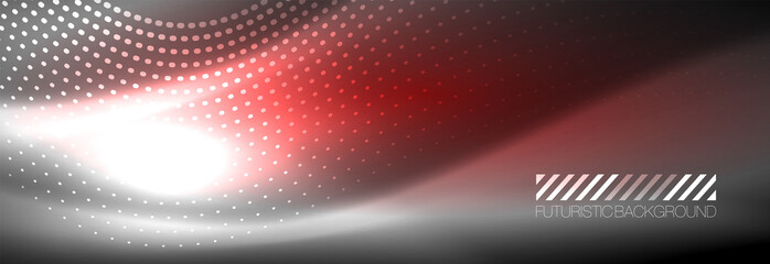 Glowing abstract wave on dark, shiny motion, Christmas and New Year magic space light. Techno abstract background