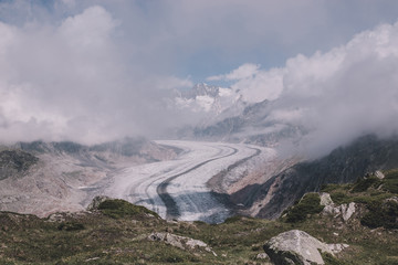 Panorama of mountains scene, walk through the great Aletsch Glacier