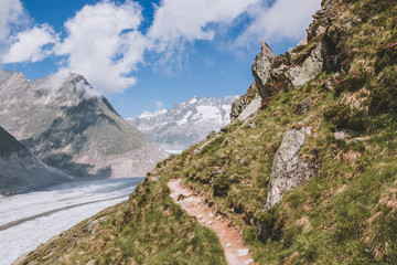 Panorama of mountains scene, walk through the great Aletsch Glacier